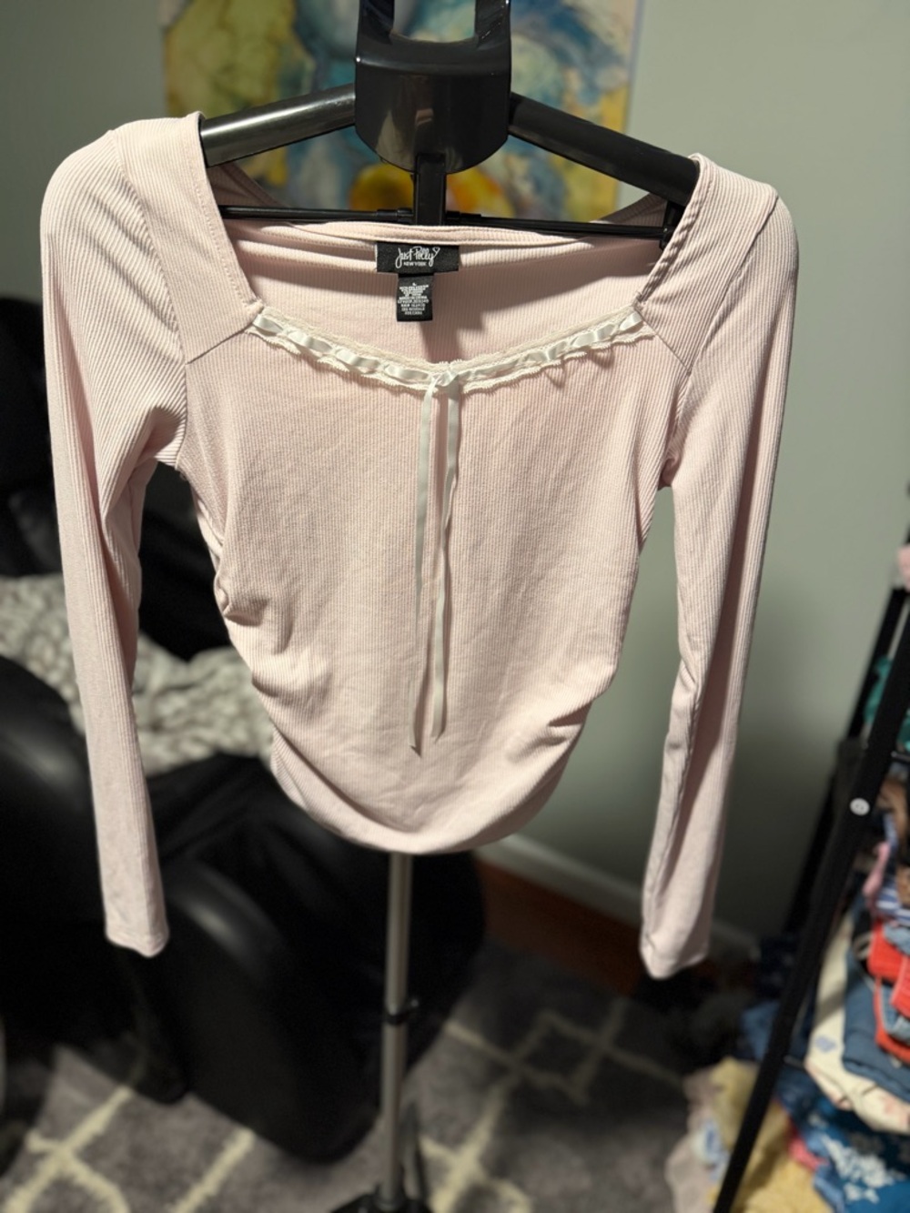 Y2K ribbon cinched powder pink long sleeve cropped top large